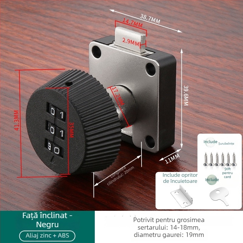 Încuietoare cu parolă pentru sertare și dulapuri — material: aliaj de zinc + ABS; model: încuietoare cu parolă; aplicații: sertare, dulapuri, vestiare, dosare; tip: cifre; deblocare: parolă