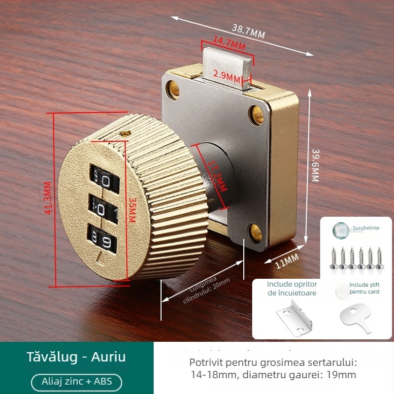 Încuietoare cu parolă pentru sertare și dulapuri — material: aliaj de zinc + ABS; model: încuietoare cu parolă; aplicații: sertare, dulapuri, vestiare, dosare; tip: cifre; deblocare: parolă