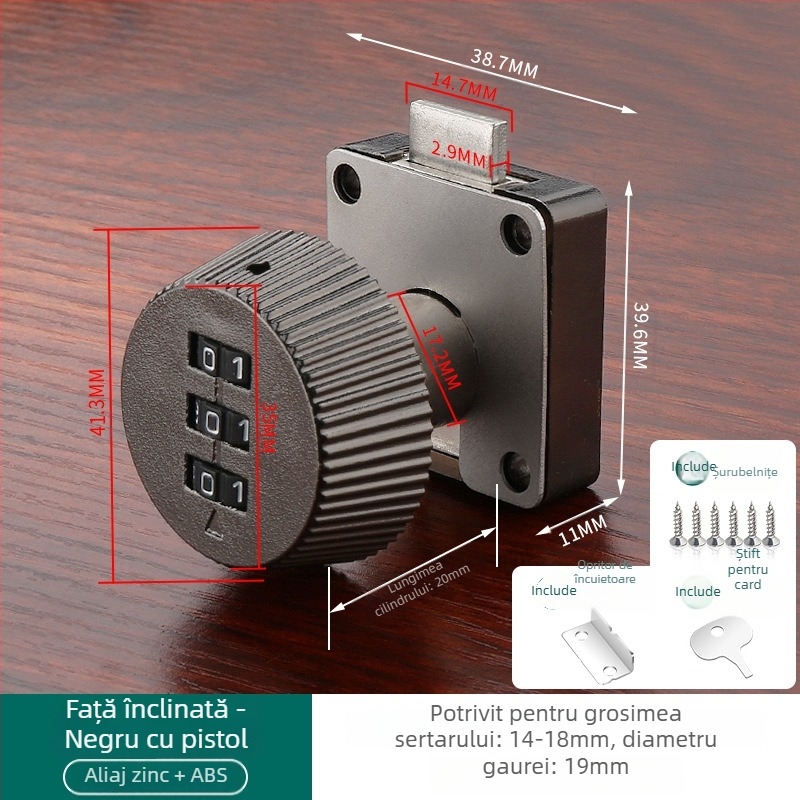 Încuietoare cu parolă pentru sertare și dulapuri — material: aliaj de zinc + ABS; model: încuietoare cu parolă; aplicații: sertare, dulapuri, vestiare, dosare; tip: cifre; deblocare: parolă