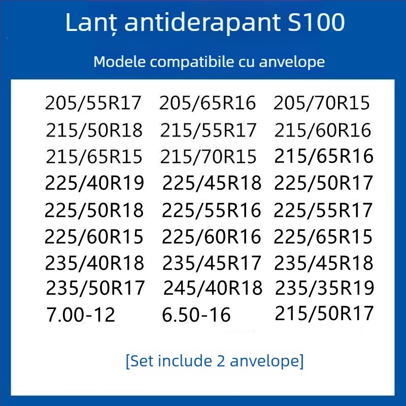 Lanț anti-derapare din cauciuc pentru pneuri pentru autoturisme, SUV-uri și furgonete — universal, aproximativ 4 kg, instalare disponibilă, potrivește 205/55R16, 235/55R18, 225/65R17