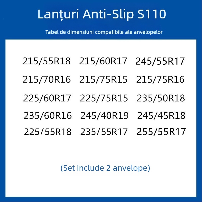 Lanț anti-derapare din cauciuc pentru pneuri pentru autoturisme, SUV-uri și furgonete — universal, aproximativ 4 kg, instalare disponibilă, potrivește 205/55R16, 235/55R18, 225/65R17