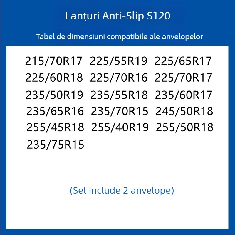 Lanț anti-derapare din cauciuc pentru pneuri pentru autoturisme, SUV-uri și furgonete — universal, aproximativ 4 kg, instalare disponibilă, potrivește 205/55R16, 235/55R18, 225/65R17