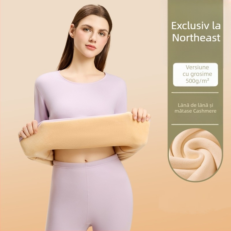 Set termic din lână de miel pentru femei, căptușeală din velur, guler rotund, mâneci lungi, pantaloni, grosime 251–300 g/m2, căldură de iarnă