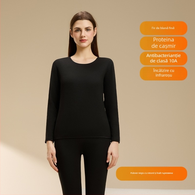 Set termic din lână de miel pentru femei, căptușeală din velur, guler rotund, mâneci lungi, pantaloni, grosime 251–300 g/m2, căldură de iarnă