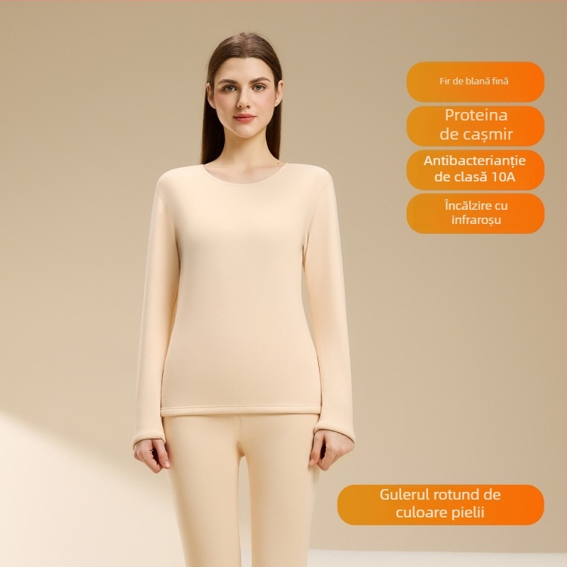 Set termic din lână de miel pentru femei, căptușeală din velur, guler rotund, mâneci lungi, pantaloni, grosime 251–300 g/m2, căldură de iarnă