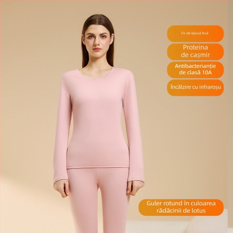 Set termic din lână de miel pentru femei, căptușeală din velur, guler rotund, mâneci lungi, pantaloni, grosime 251–300 g/m2, căldură de iarnă