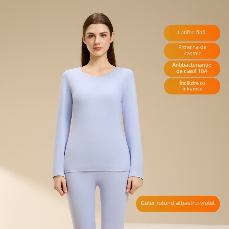 Set termic din lână de miel pentru femei, căptușeală din velur, guler rotund, mâneci lungi, pantaloni, grosime 251–300 g/m2, căldură de iarnă