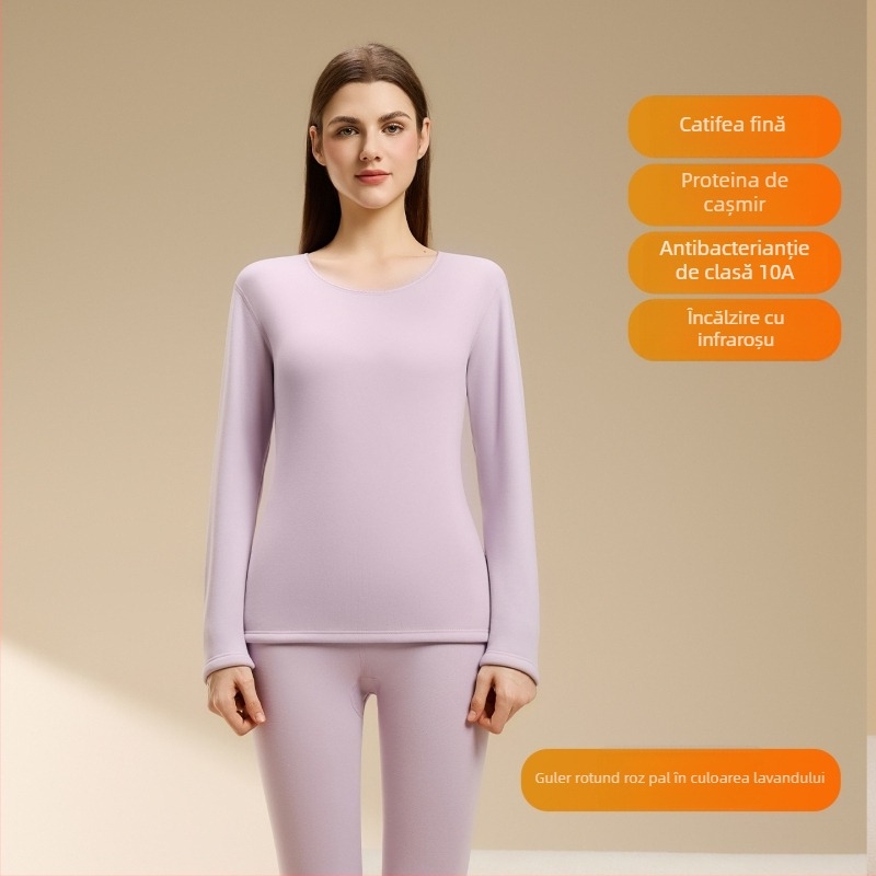 Set termic din lână de miel pentru femei, căptușeală din velur, guler rotund, mâneci lungi, pantaloni, grosime 251–300 g/m2, căldură de iarnă