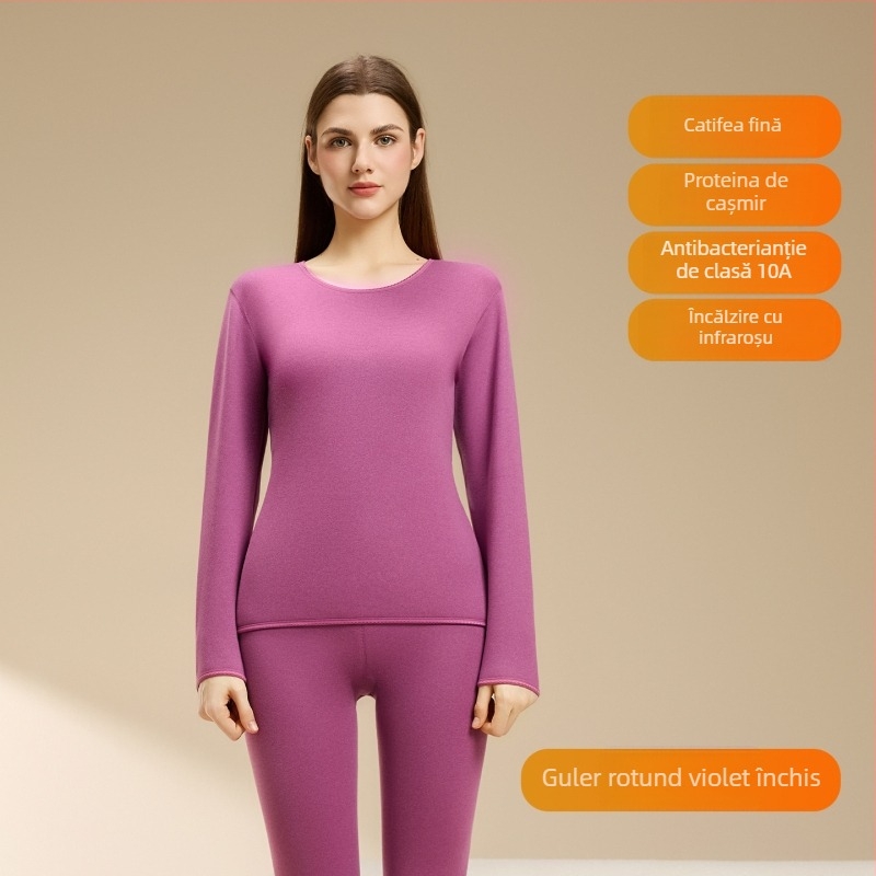 Set termic din lână de miel pentru femei, căptușeală din velur, guler rotund, mâneci lungi, pantaloni, grosime 251–300 g/m2, căldură de iarnă