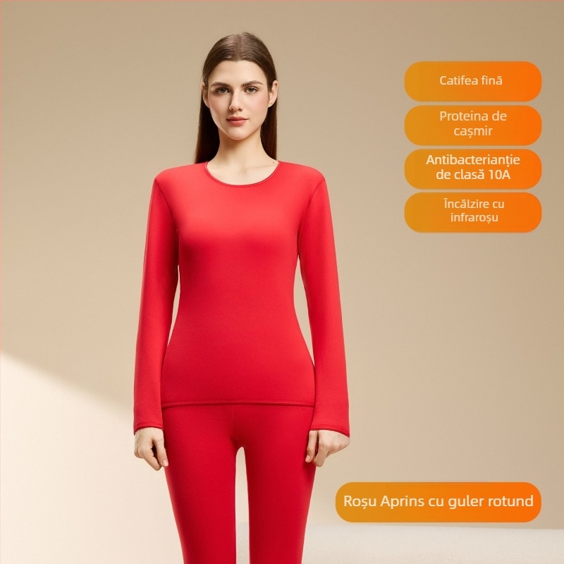 Set termic din lână de miel pentru femei, căptușeală din velur, guler rotund, mâneci lungi, pantaloni, grosime 251–300 g/m2, căldură de iarnă