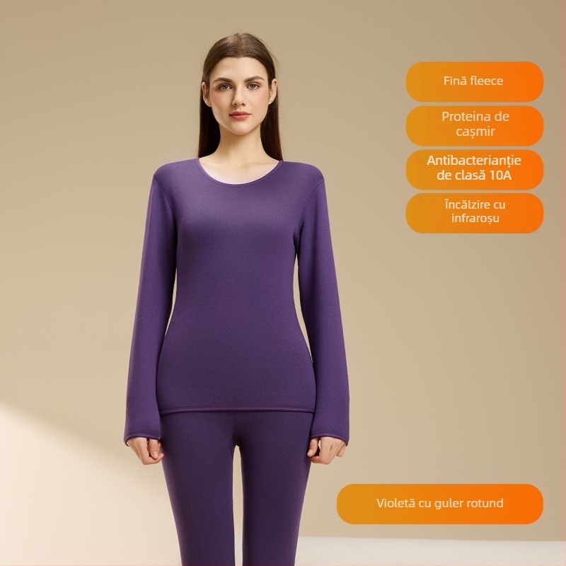 Set termic din lână de miel pentru femei, căptușeală din velur, guler rotund, mâneci lungi, pantaloni, grosime 251–300 g/m2, căldură de iarnă