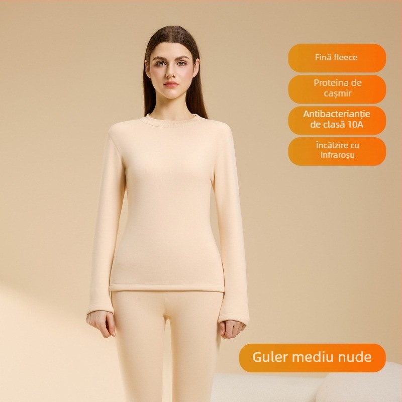 Set termic din lână de miel pentru femei, căptușeală din velur, guler rotund, mâneci lungi, pantaloni, grosime 251–300 g/m2, căldură de iarnă