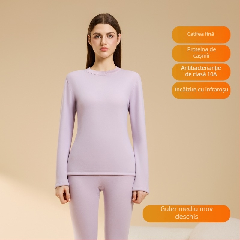 Set termic din lână de miel pentru femei, căptușeală din velur, guler rotund, mâneci lungi, pantaloni, grosime 251–300 g/m2, căldură de iarnă