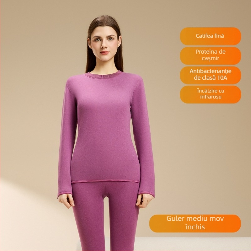 Set termic din lână de miel pentru femei, căptușeală din velur, guler rotund, mâneci lungi, pantaloni, grosime 251–300 g/m2, căldură de iarnă