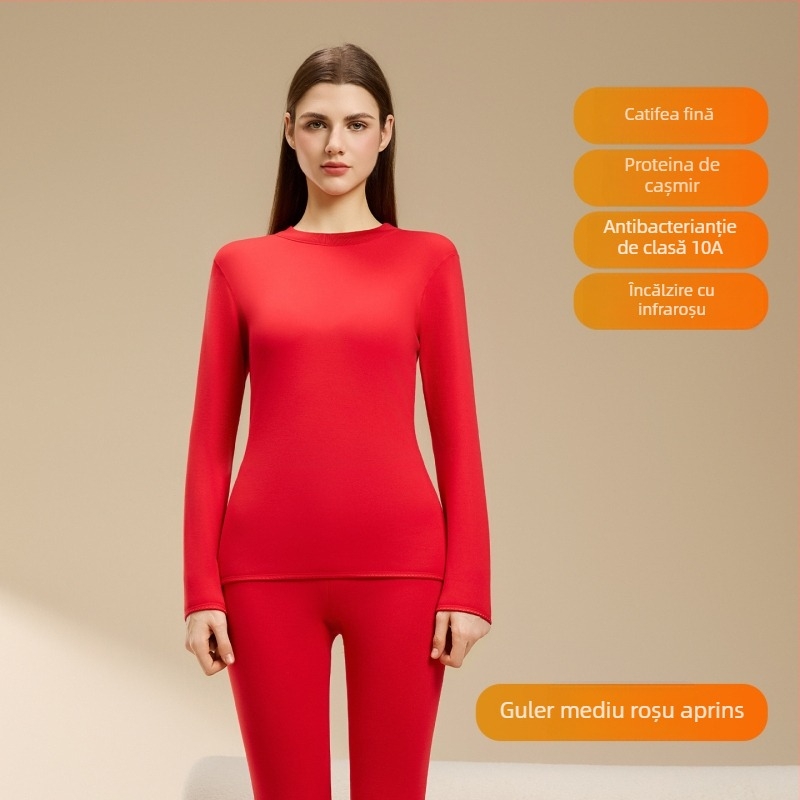 Set termic din lână de miel pentru femei, căptușeală din velur, guler rotund, mâneci lungi, pantaloni, grosime 251–300 g/m2, căldură de iarnă