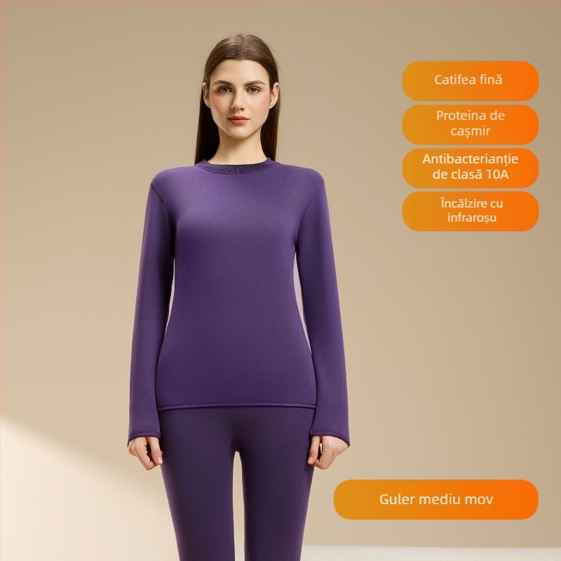 Set termic din lână de miel pentru femei, căptușeală din velur, guler rotund, mâneci lungi, pantaloni, grosime 251–300 g/m2, căldură de iarnă