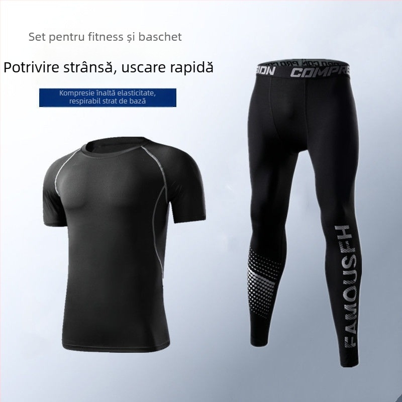 Set de bază uscat rapid pentru alergare, pentru bărbați — Colanți cu elasticitate ridicată care absorb transpirația, material Poliester/Vinilon 91–95%