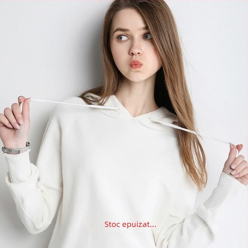 Pulover cu glugă din lână și cașmir, croială lejeră, 70-80% lână, cașmír sub 30%, model 3D, mâneci lungi, lungime 50-65 cm, toamnă 2023