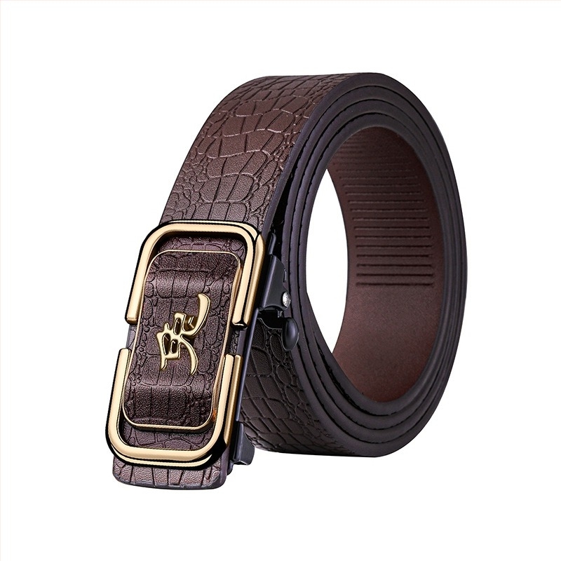 Curea din piele pentru bărbați, design 12 zodii, cataramă automată, piele naturală, două straturi de piele de vițel, placare electrolitică