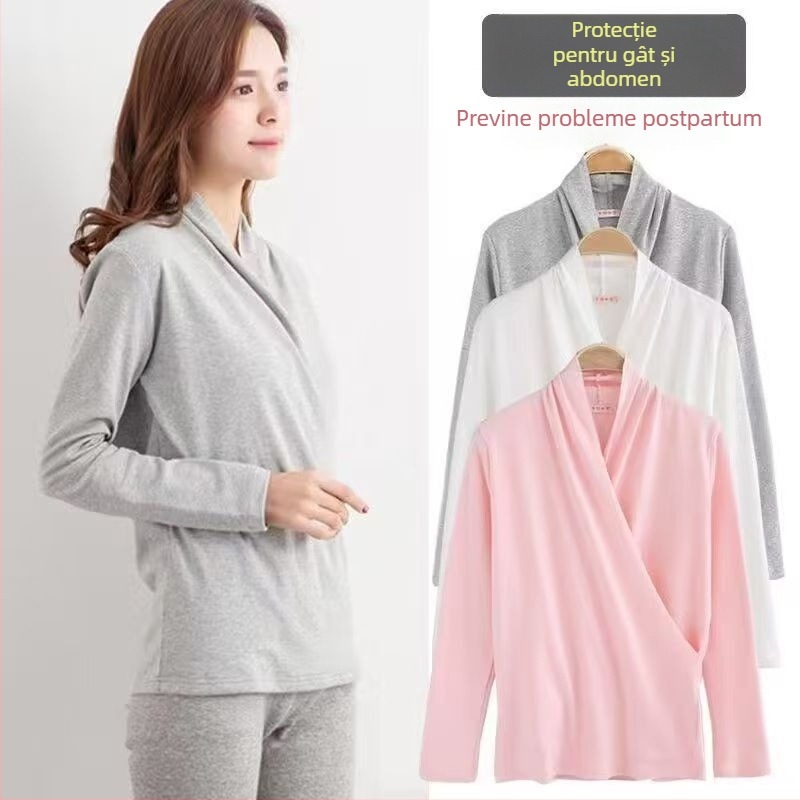 Top de alăptare pentru maternitate – mâneci lungi, amestec bumbac-spandex, deschidere frontală pentru alăptare, toamnă 2025, stil lejer japonez-coreean, patru sezoane