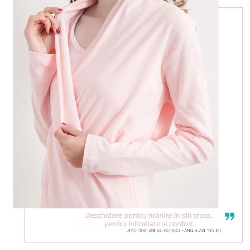 Top de alăptare pentru maternitate – mâneci lungi, amestec bumbac-spandex, deschidere frontală pentru alăptare, toamnă 2025, stil lejer japonez-coreean, patru sezoane