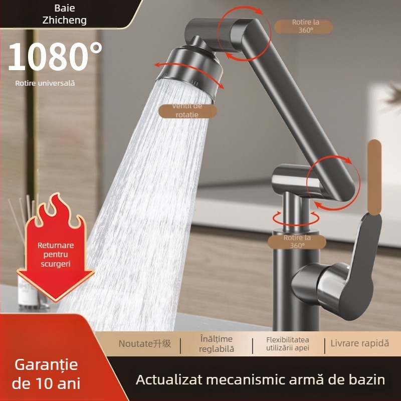 Robinet mixt din oțel inoxidabil pentru lavoar, control temperatură (1-100°C), apă caldă și rece, instalare pe blat, model ZC1099, miez de cupru al ventilului, intrare/ieșire 20 mm