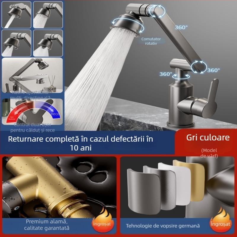 Robinet mixt din oțel inoxidabil pentru lavoar, control temperatură (1-100°C), apă caldă și rece, instalare pe blat, model ZC1099, miez de cupru al ventilului, intrare/ieșire 20 mm
