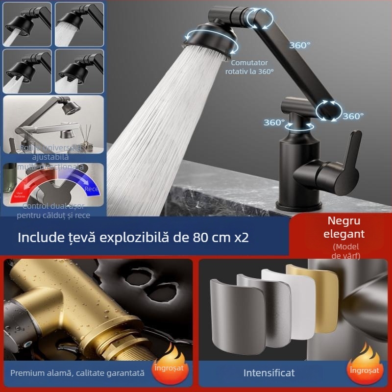 Robinet mixt din oțel inoxidabil pentru lavoar, control temperatură (1-100°C), apă caldă și rece, instalare pe blat, model ZC1099, miez de cupru al ventilului, intrare/ieșire 20 mm