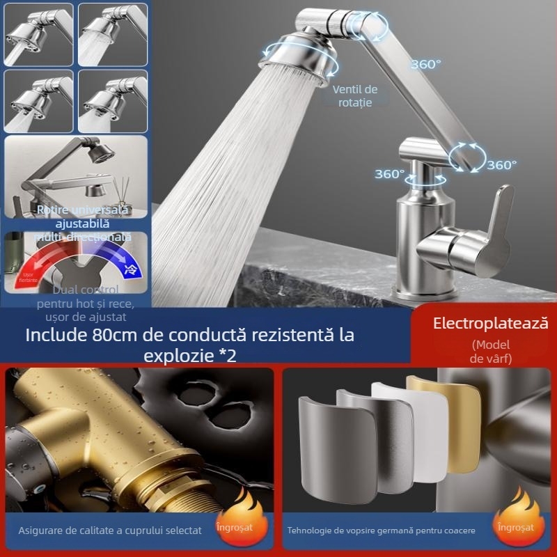 Robinet mixt din oțel inoxidabil pentru lavoar, control temperatură (1-100°C), apă caldă și rece, instalare pe blat, model ZC1099, miez de cupru al ventilului, intrare/ieșire 20 mm