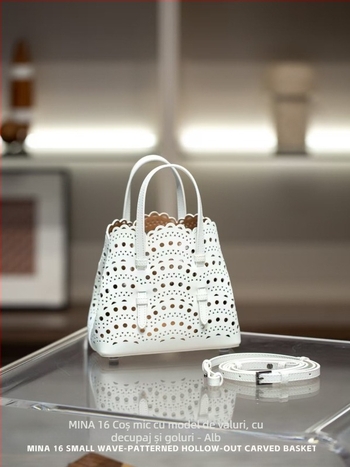 Geantă basket din piele naturală, plasă ondulată și imprimeu floral gravat, stil urban minimalist, crossbody cu curea unică, formă dreptunghiulară, buzunar pentru telefon și buzunar cu fermoar, căptușeală poliester