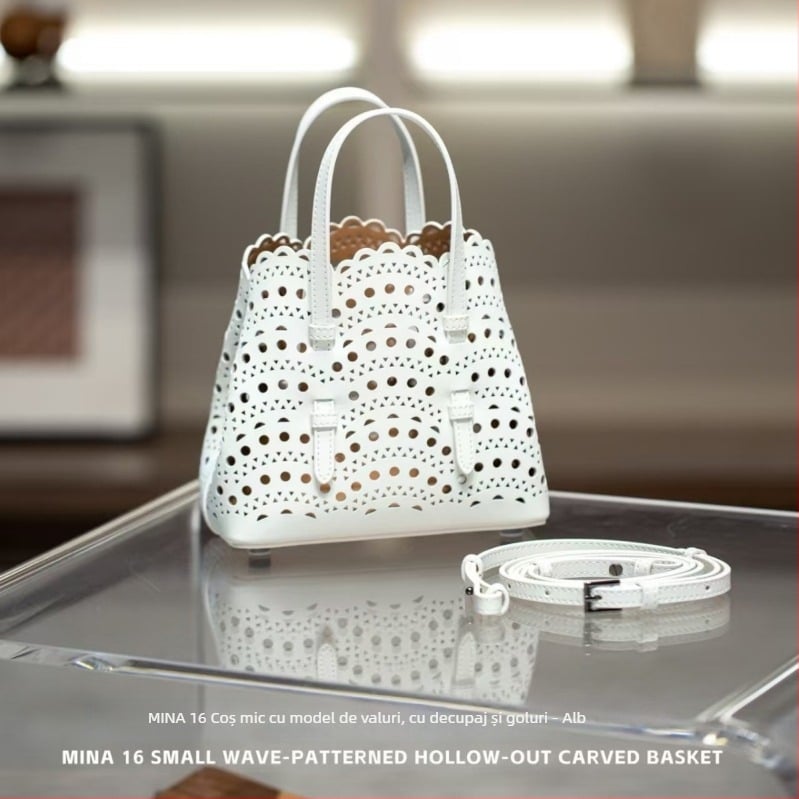 Geantă basket din piele naturală, plasă ondulată și imprimeu floral gravat, stil urban minimalist, crossbody cu curea unică, formă dreptunghiulară, buzunar pentru telefon și buzunar cu fermoar, căptușeală poliester