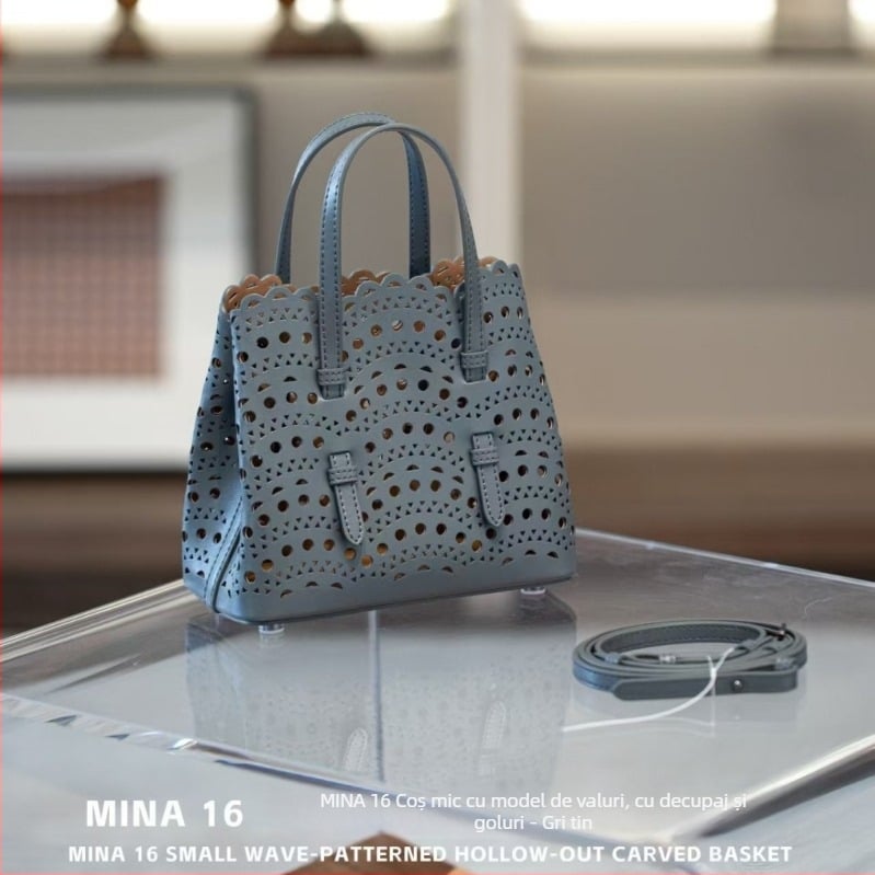 Geantă basket din piele naturală, plasă ondulată și imprimeu floral gravat, stil urban minimalist, crossbody cu curea unică, formă dreptunghiulară, buzunar pentru telefon și buzunar cu fermoar, căptușeală poliester