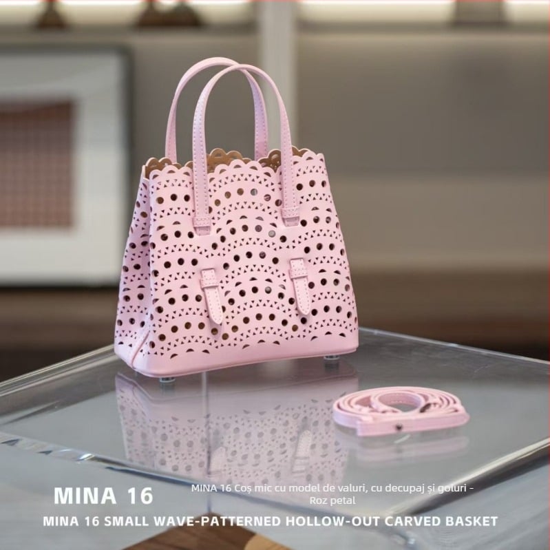 Geantă basket din piele naturală, plasă ondulată și imprimeu floral gravat, stil urban minimalist, crossbody cu curea unică, formă dreptunghiulară, buzunar pentru telefon și buzunar cu fermoar, căptușeală poliester