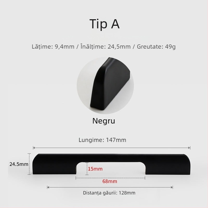 Maner din aliaj de aluminiu pentru ușa de dulap, stil modern minimalist, turnare sub presiune, formă semi-dumpling, montaj pe suprafață