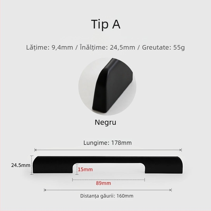 Maner din aliaj de aluminiu pentru ușa de dulap, stil modern minimalist, turnare sub presiune, formă semi-dumpling, montaj pe suprafață