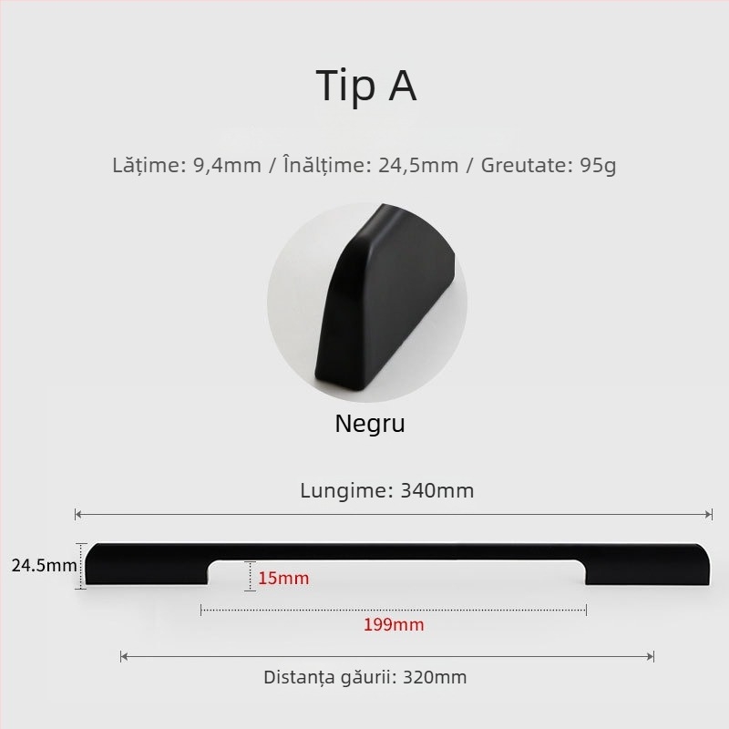 Maner din aliaj de aluminiu pentru ușa de dulap, stil modern minimalist, turnare sub presiune, formă semi-dumpling, montaj pe suprafață