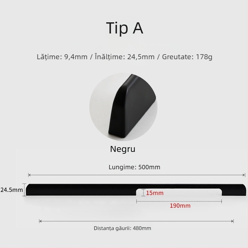 Maner din aliaj de aluminiu pentru ușa de dulap, stil modern minimalist, turnare sub presiune, formă semi-dumpling, montaj pe suprafață