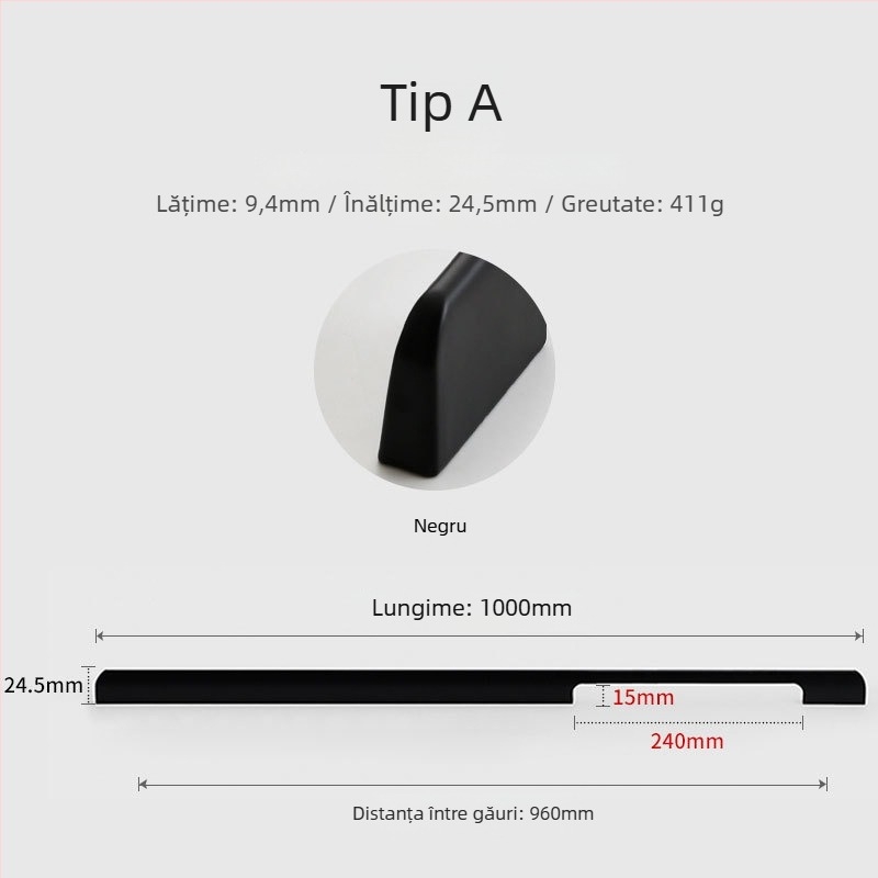 Maner din aliaj de aluminiu pentru ușa de dulap, stil modern minimalist, turnare sub presiune, formă semi-dumpling, montaj pe suprafață