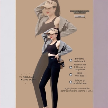 Colanți pentru femei, lungime cropped, din bumbac-elastan, talie înaltă, căptușeală fleece, slim fit, pentru toamnă-primăvară