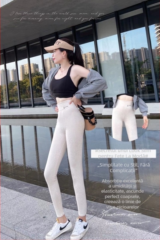 Colanți pentru femei, lungime cropped, din bumbac-elastan, talie înaltă, căptușeală fleece, slim fit, pentru toamnă-primăvară