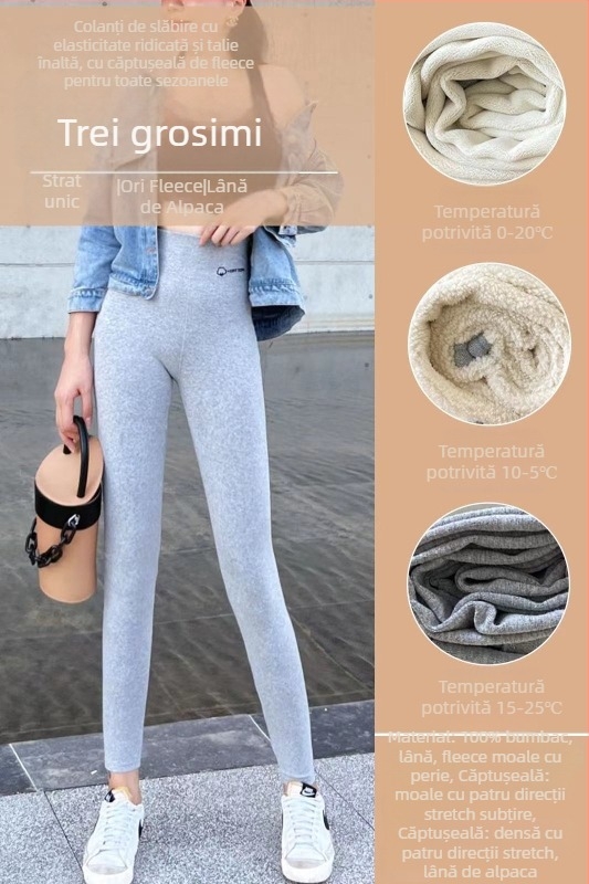 Colanți pentru femei, lungime cropped, din bumbac-elastan, talie înaltă, căptușeală fleece, slim fit, pentru toamnă-primăvară