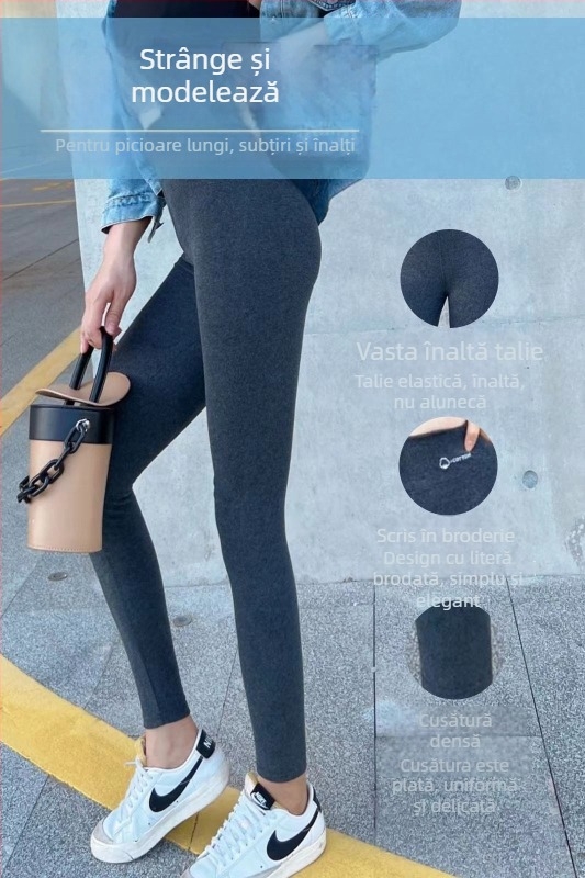 Colanți pentru femei, lungime cropped, din bumbac-elastan, talie înaltă, căptușeală fleece, slim fit, pentru toamnă-primăvară