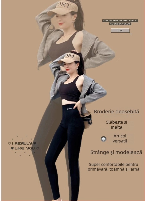 Colanți pentru femei, lungime cropped, din bumbac-elastan, talie înaltă, căptușeală fleece, slim fit, pentru toamnă-primăvară