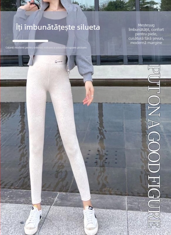 Colanți pentru femei, lungime cropped, din bumbac-elastan, talie înaltă, căptușeală fleece, slim fit, pentru toamnă-primăvară