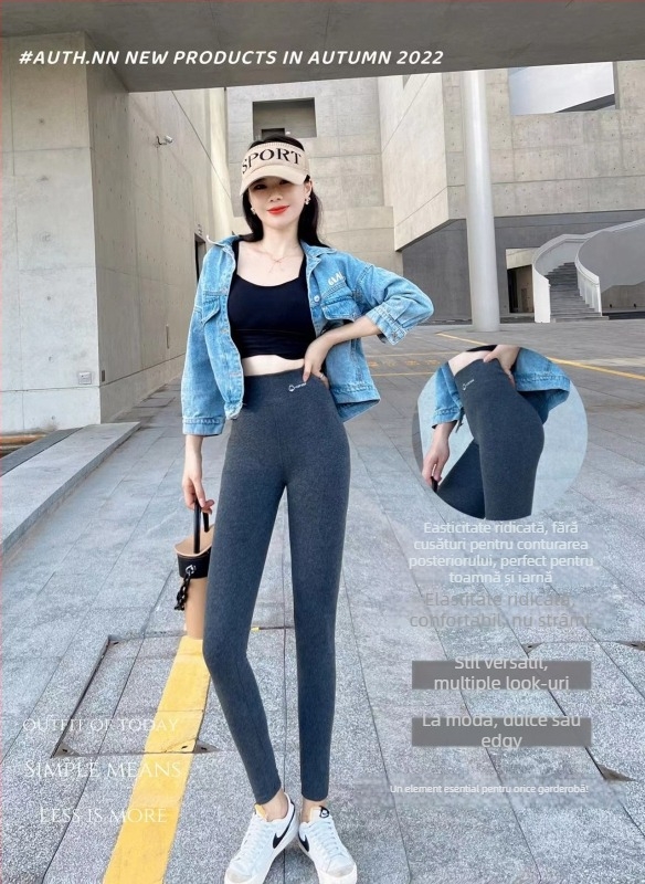 Colanți pentru femei, lungime cropped, din bumbac-elastan, talie înaltă, căptușeală fleece, slim fit, pentru toamnă-primăvară