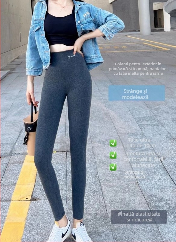 Colanți pentru femei, lungime cropped, din bumbac-elastan, talie înaltă, căptușeală fleece, slim fit, pentru toamnă-primăvară