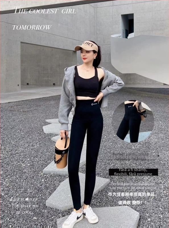 Colanți pentru femei, lungime cropped, din bumbac-elastan, talie înaltă, căptușeală fleece, slim fit, pentru toamnă-primăvară