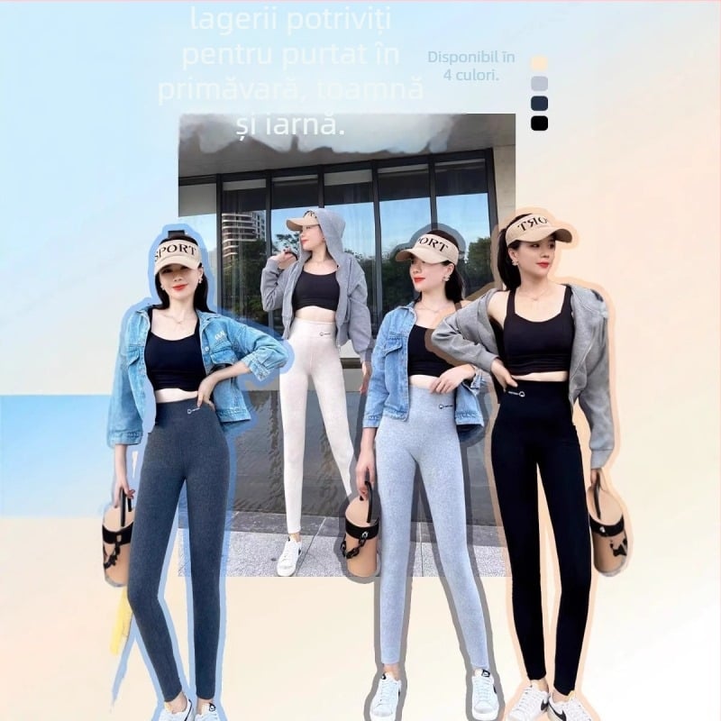 Colanți pentru femei, lungime cropped, din bumbac-elastan, talie înaltă, căptușeală fleece, slim fit, pentru toamnă-primăvară