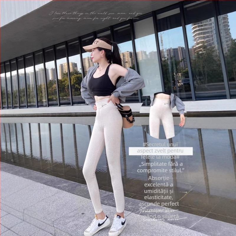 Colanți pentru femei, lungime cropped, din bumbac-elastan, talie înaltă, căptușeală fleece, slim fit, pentru toamnă-primăvară