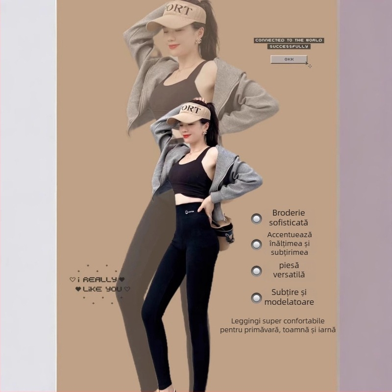 Colanți pentru femei, lungime cropped, din bumbac-elastan, talie înaltă, căptușeală fleece, slim fit, pentru toamnă-primăvară